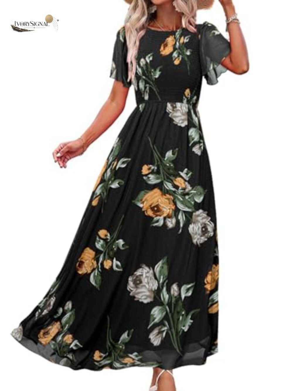 Womens Chiffon Floral Smocked Flutter Sleeve Maxi Dress Wedding Guest